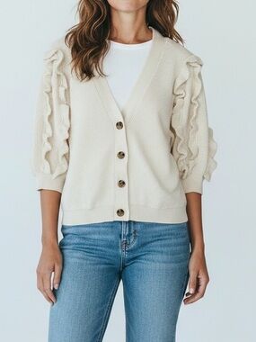 Ann Taylor Cream Ruffle Half-Sleeve V-Neck Button Cardigan